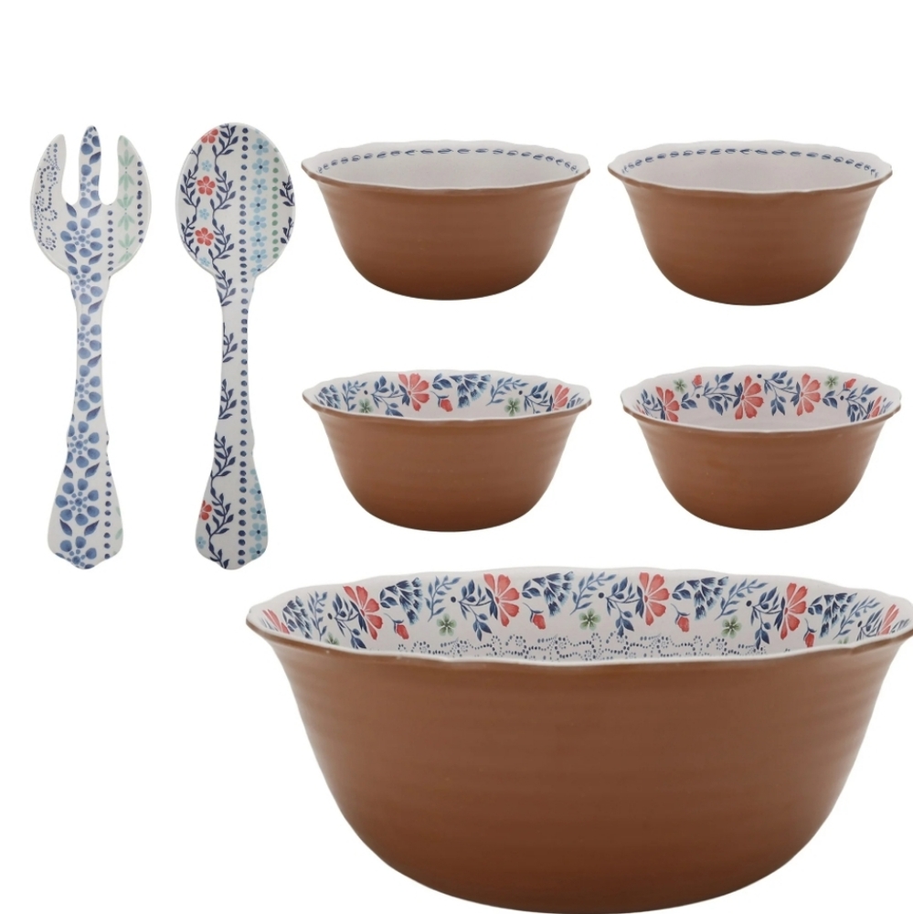 💜 New Pioneer Woman Hattie Bamboo Melamine Salad Bowls Set